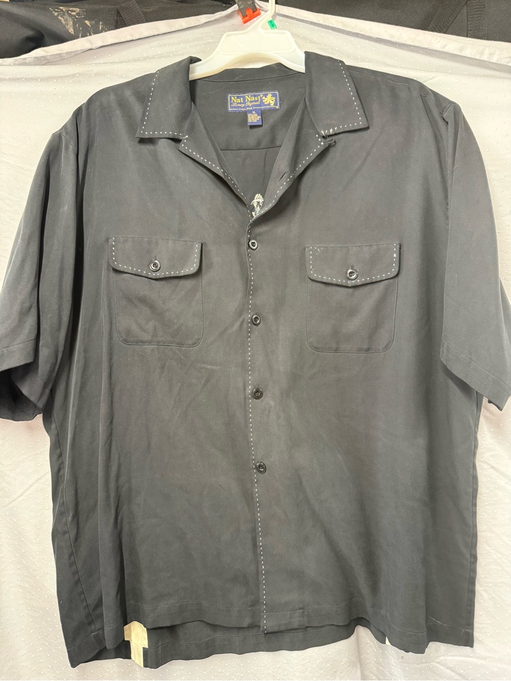 Nat Nast Black Short Sleeve Camp Collar Shirt with White Contrast Stitching
